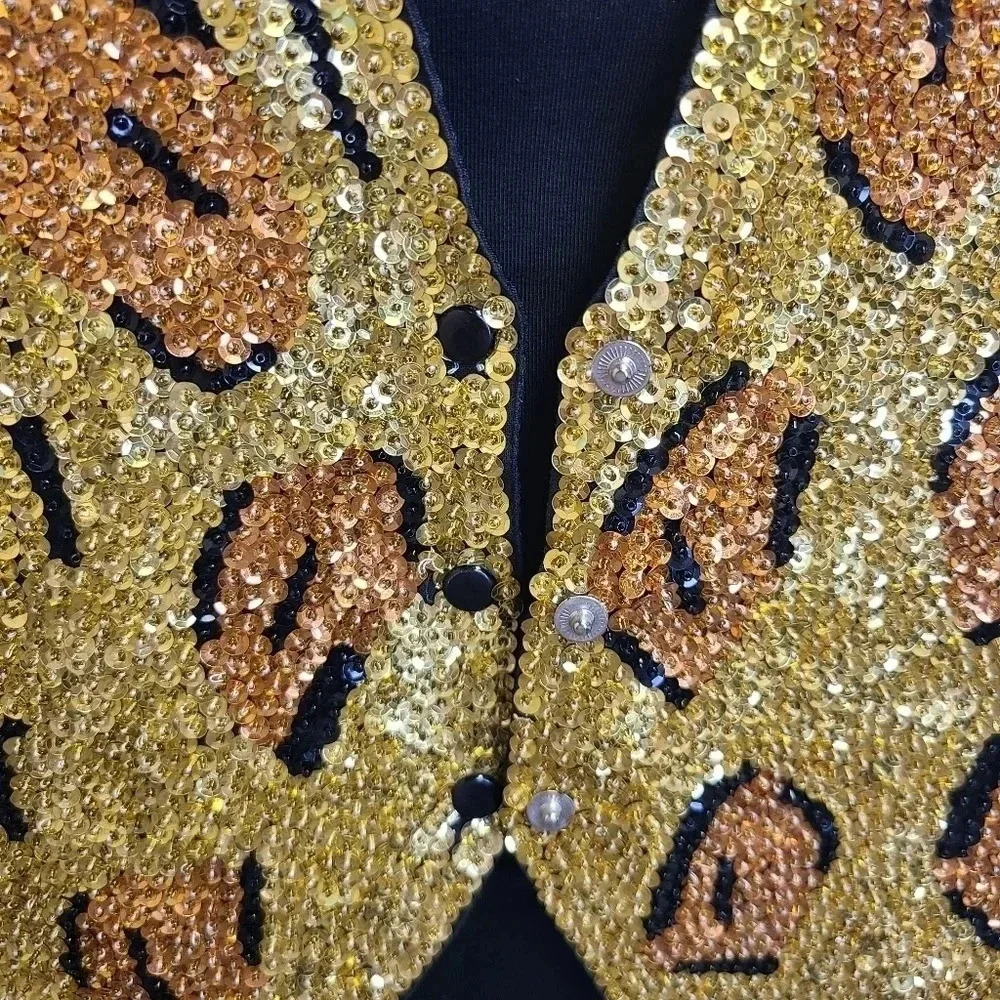 Chantik Vintage Full Sequin Vest Cat Eye Leopard Print Orange Gold Black - Picture 9 of 13